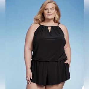 Aqua Green Plus Size Women's High Neck Swim Romper w/ Pockets Black Size XL